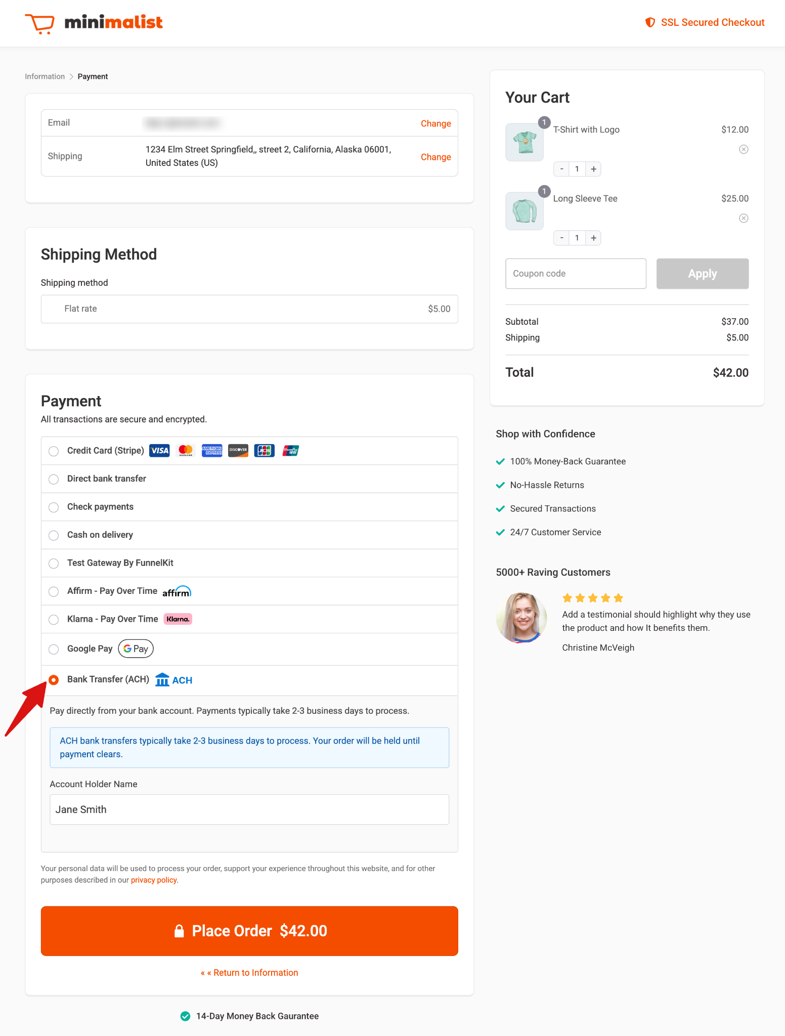 Checkout page showing ACH payment option during test order