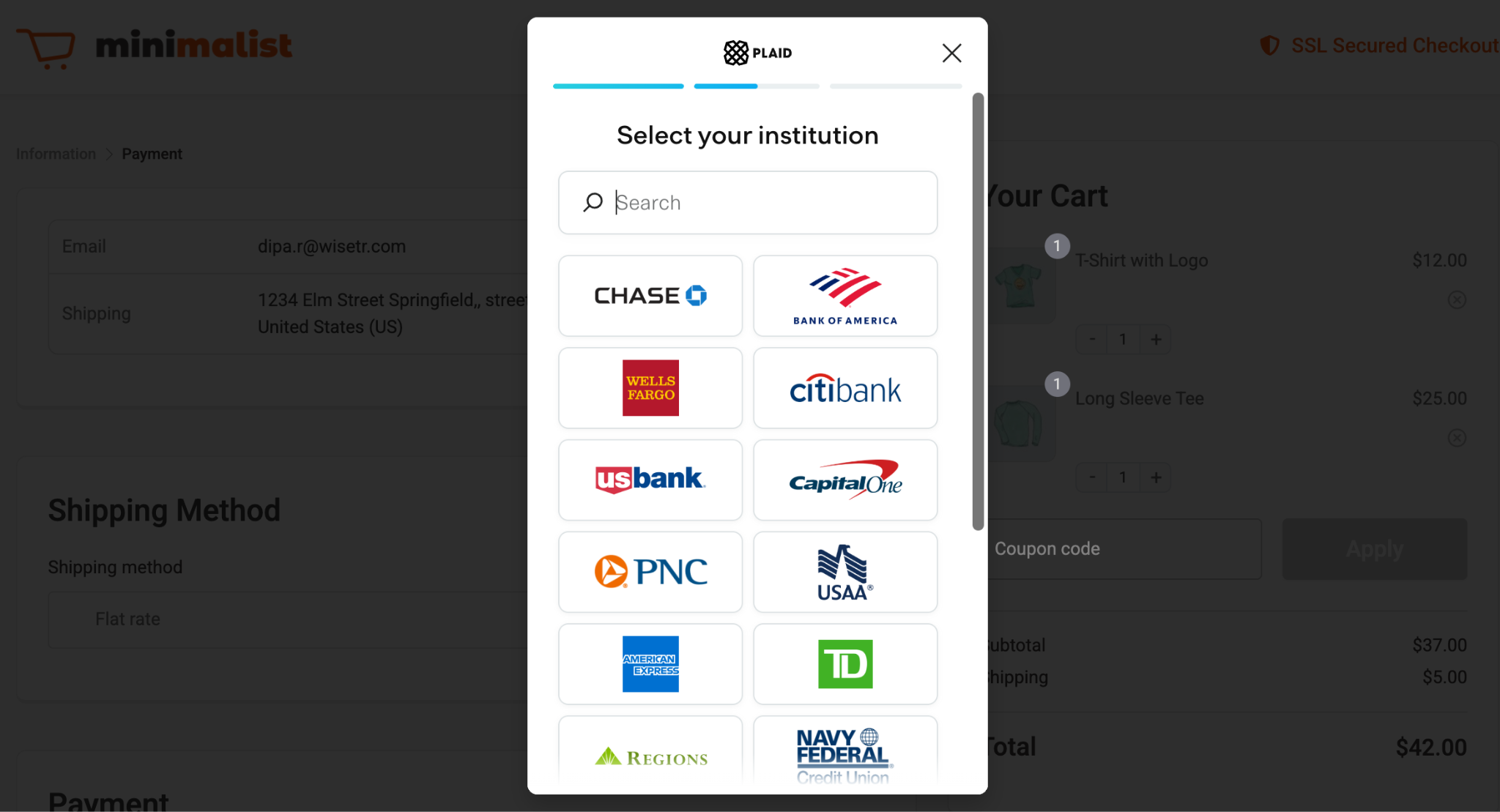 Bank selection screen for ACH payment setup