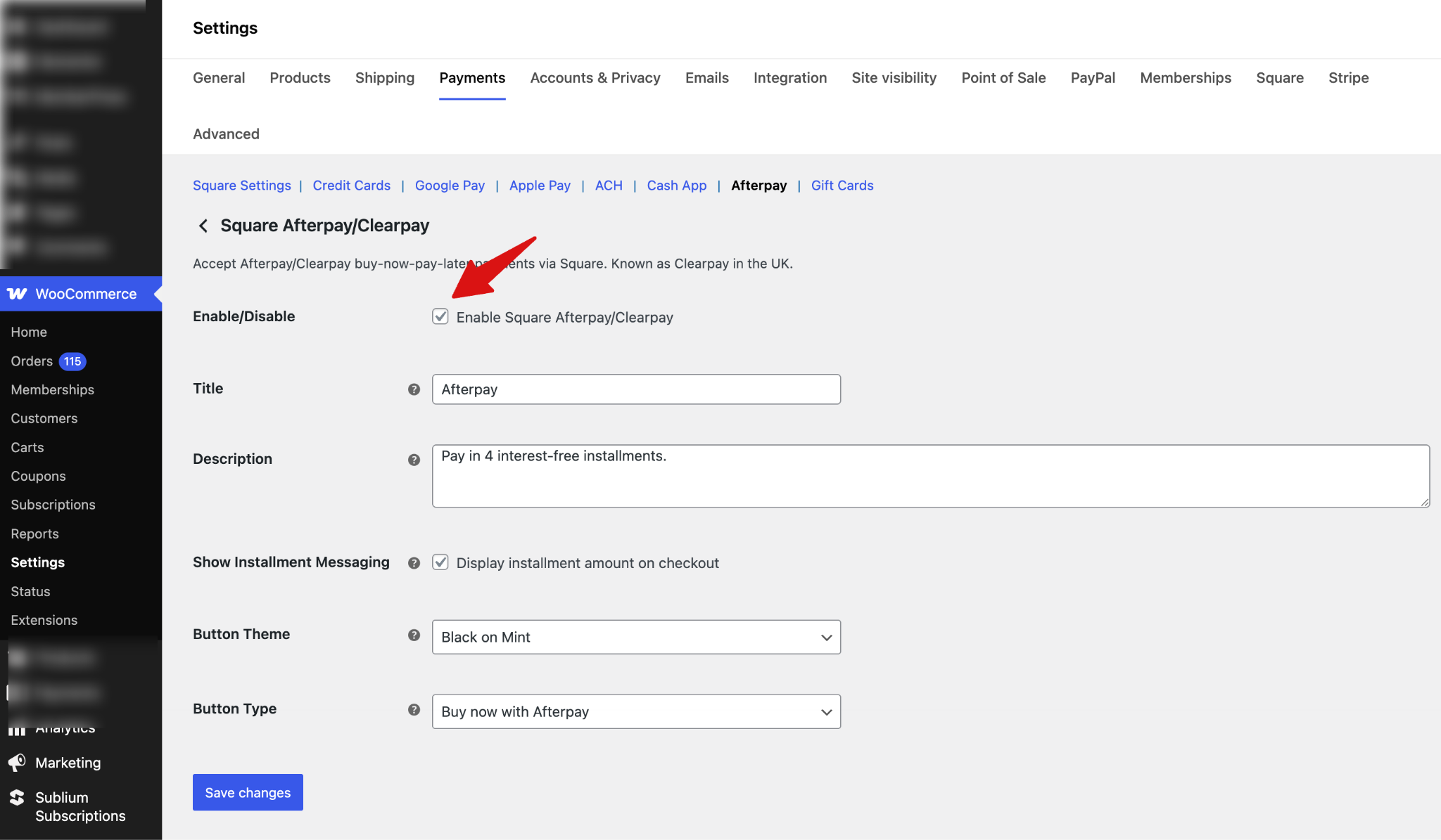WooCommerce Square settings showing Afterpay Clearpay tab selection