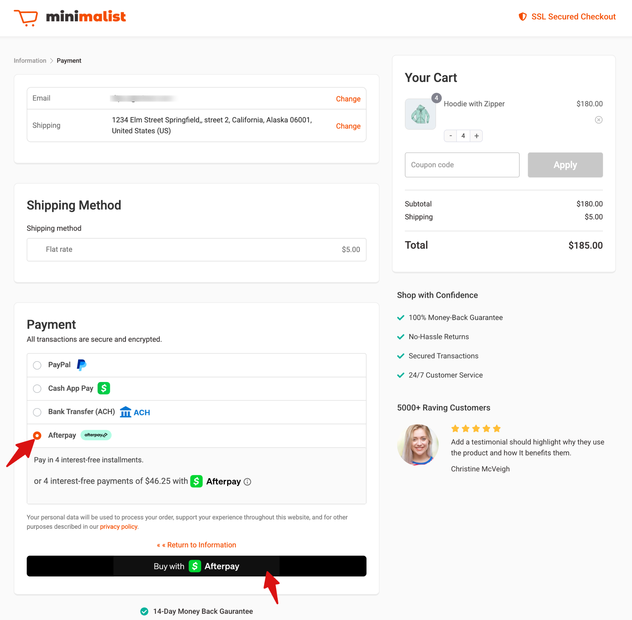 Checkout page displaying Afterpay Clearpay payment option selection