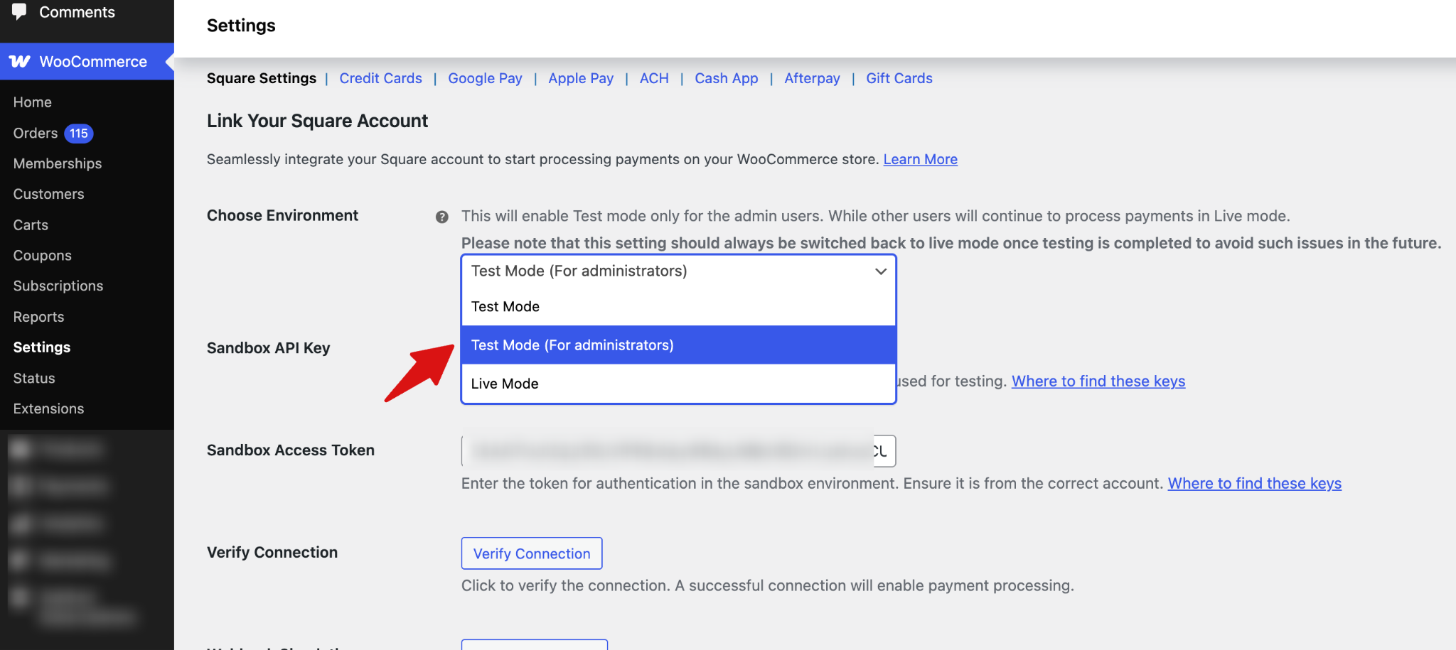 Admin only test mode enabled for Square gateway testing