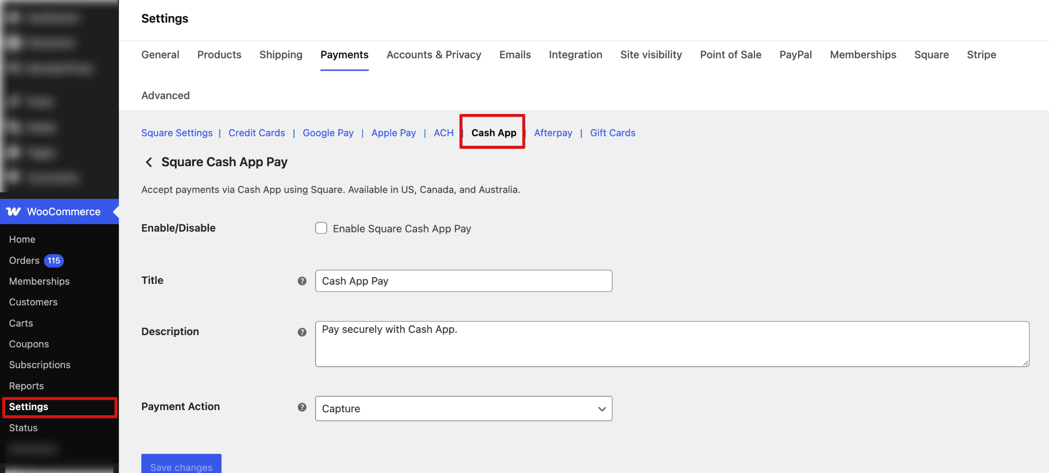 Square settings page showing Cash App Pay tab in WooCommerce