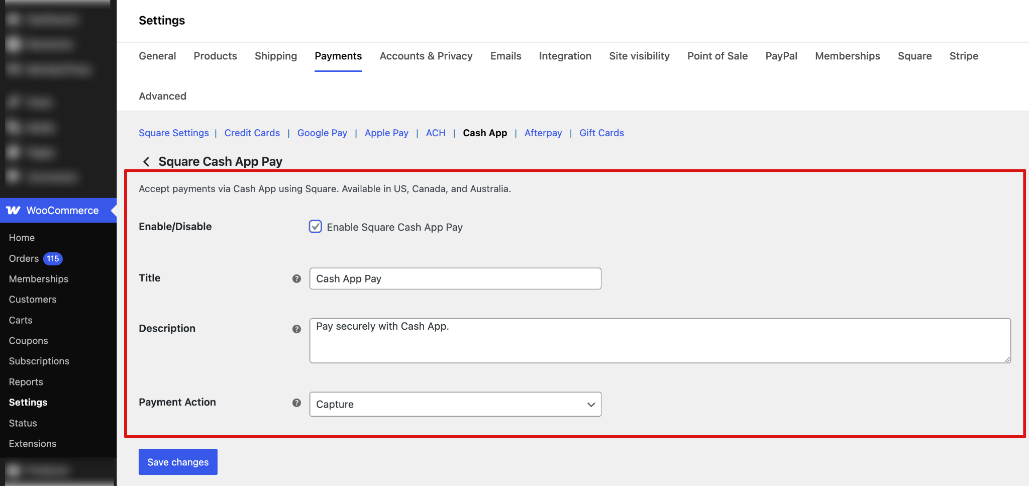 Cash App Pay configuration settings in WooCommerce Square gateway
