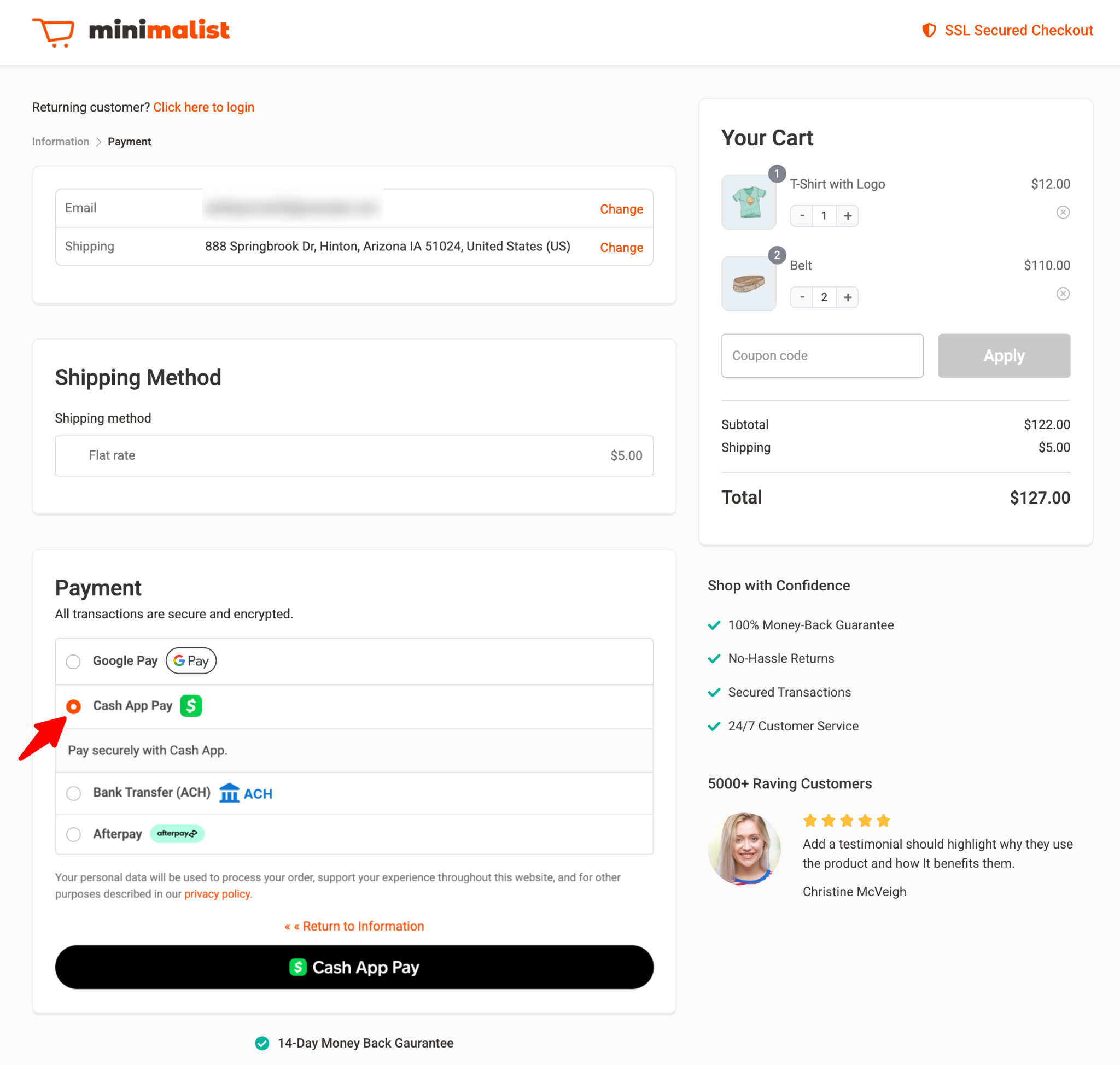 Checkout page showing Cash App Pay as a payment option