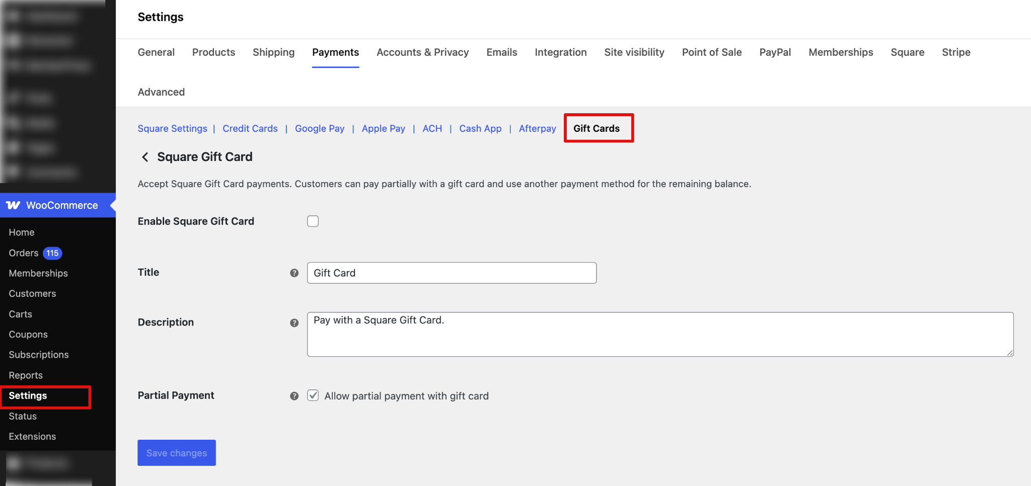 Square settings page showing Gift Card tab in WooCommerce