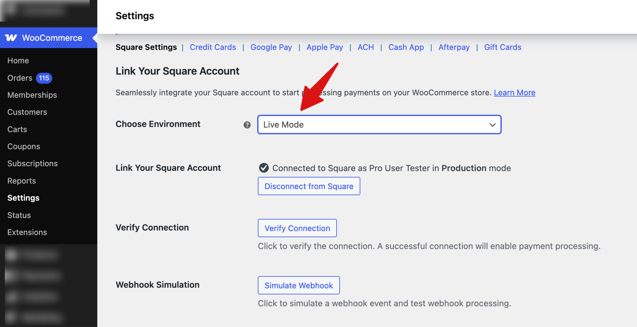 Square environment settings showing sandbox to live mode switch
