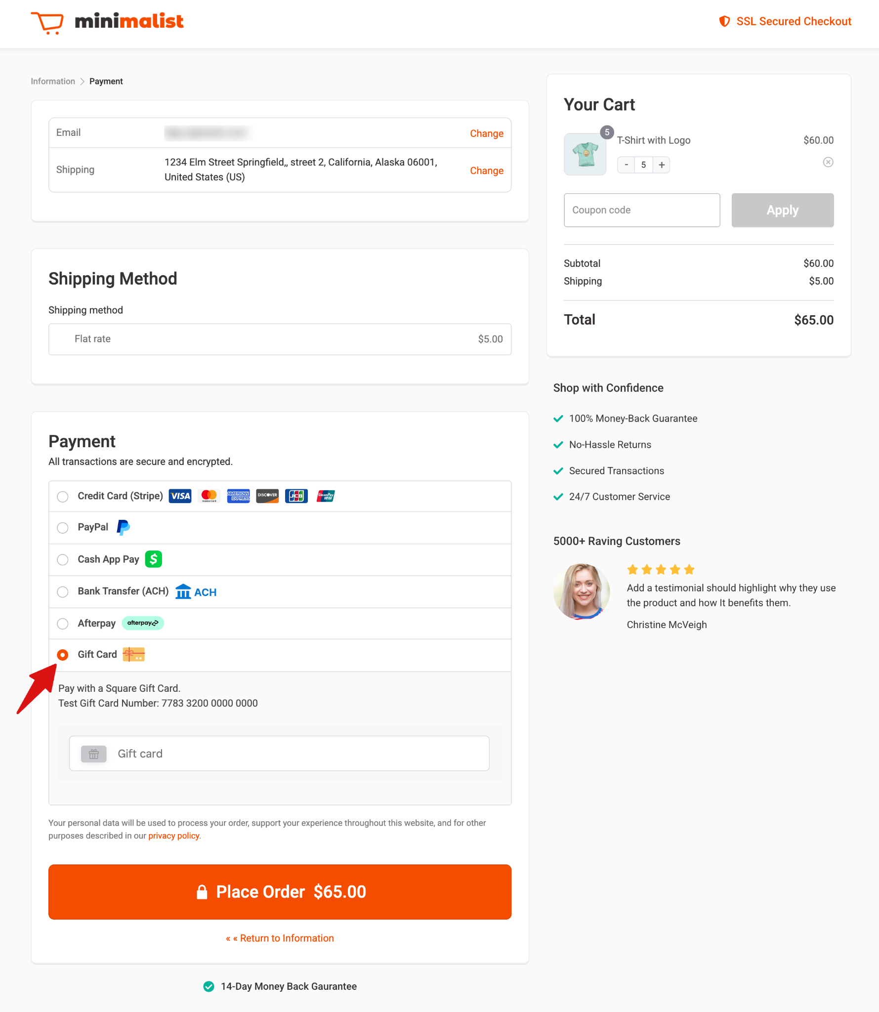 Checkout page showing Gift Card as a payment option in WooCommerce