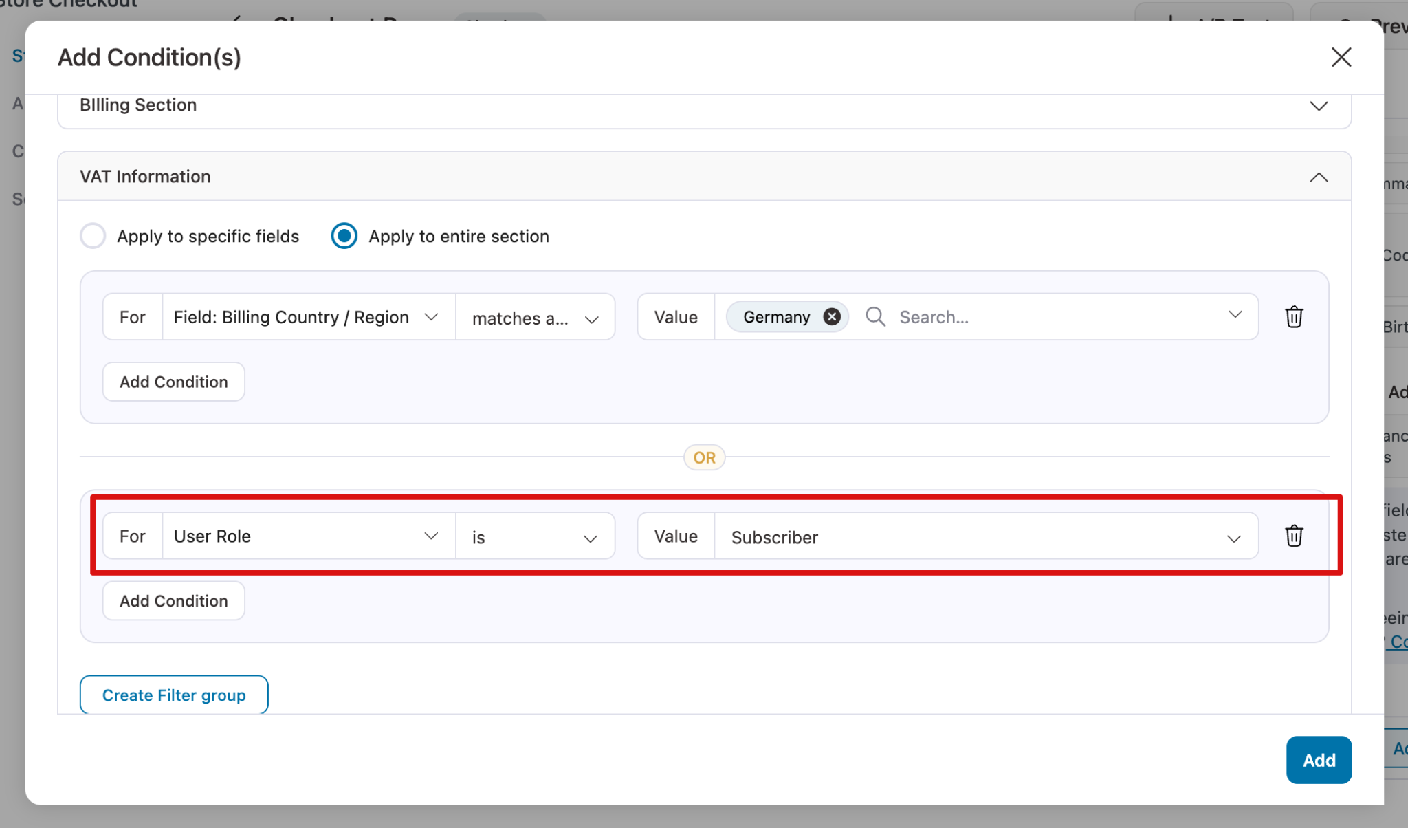 OR condition setup showing multiple filter groups for VAT rules based on EU billing country or wholesale user role
