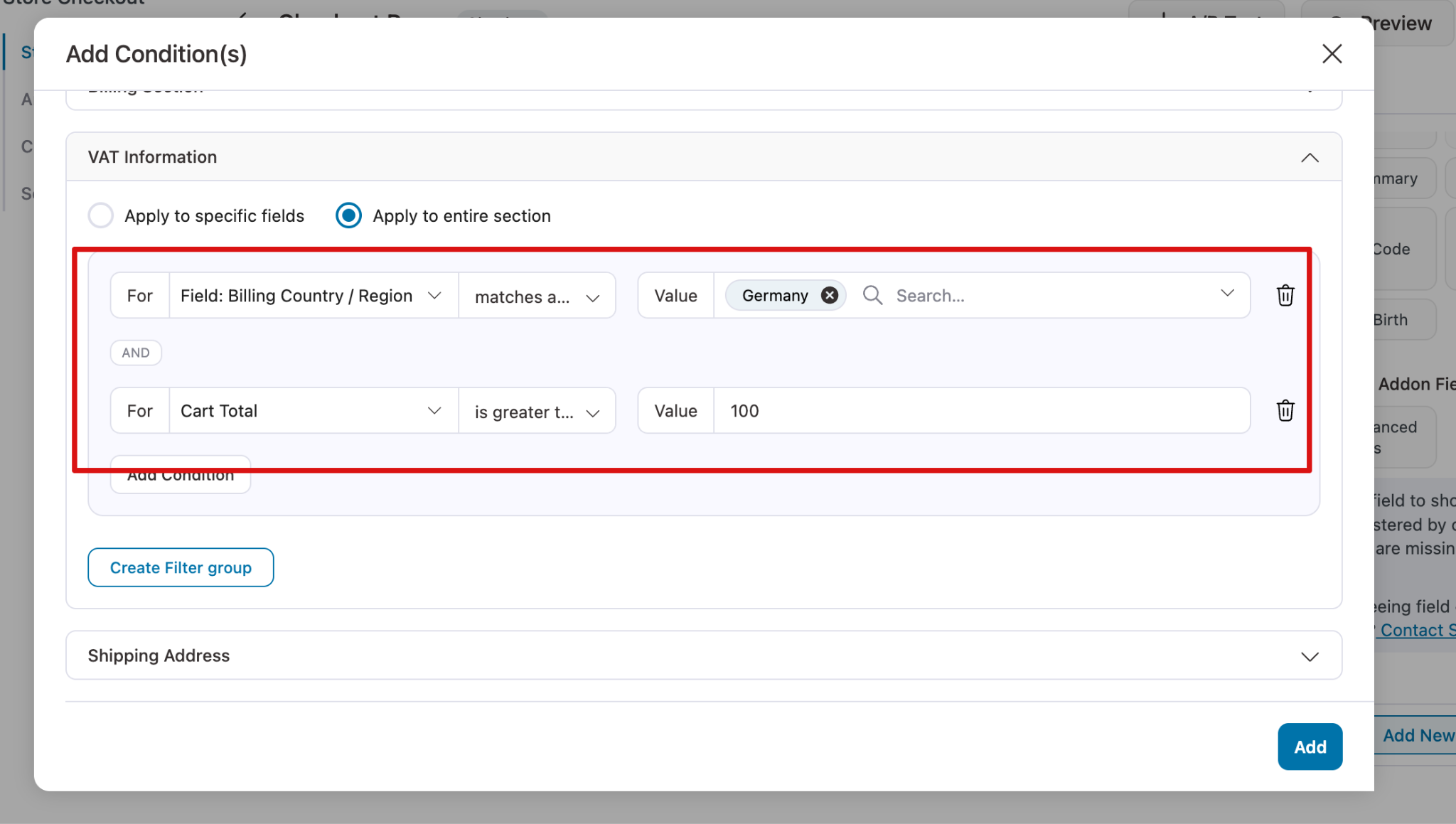 AND condition setup showing VAT rules where billing country and cart total must both meet requirements