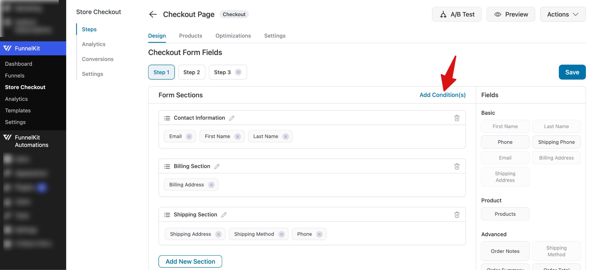 Interface showing Add Condition button used to start configuring conditional logic for a checkout section