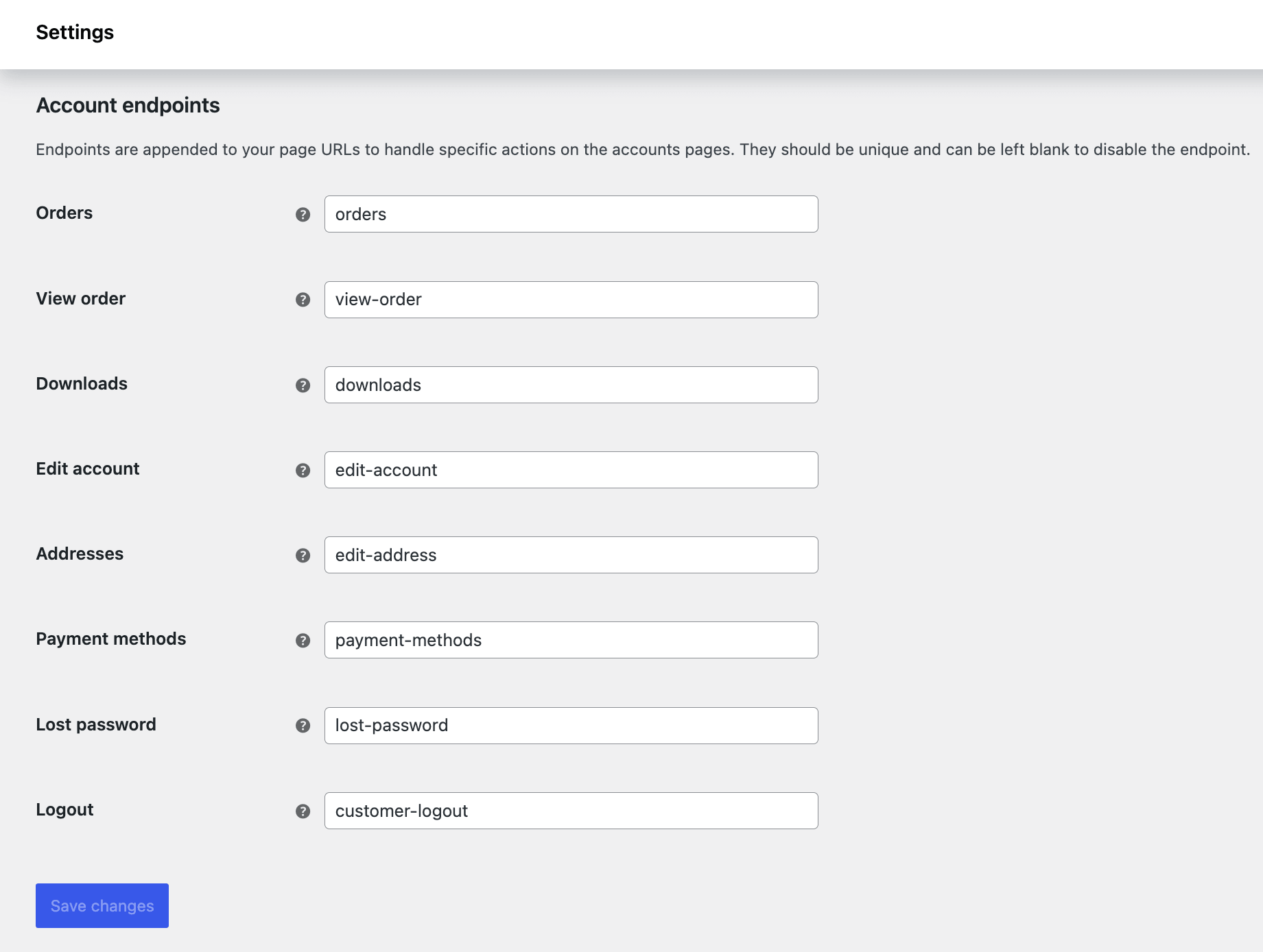 my account end points in WooCommerce
