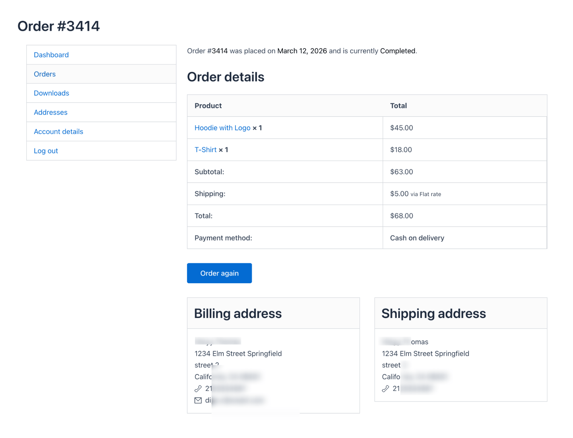 order detail page in my account WooCommerce