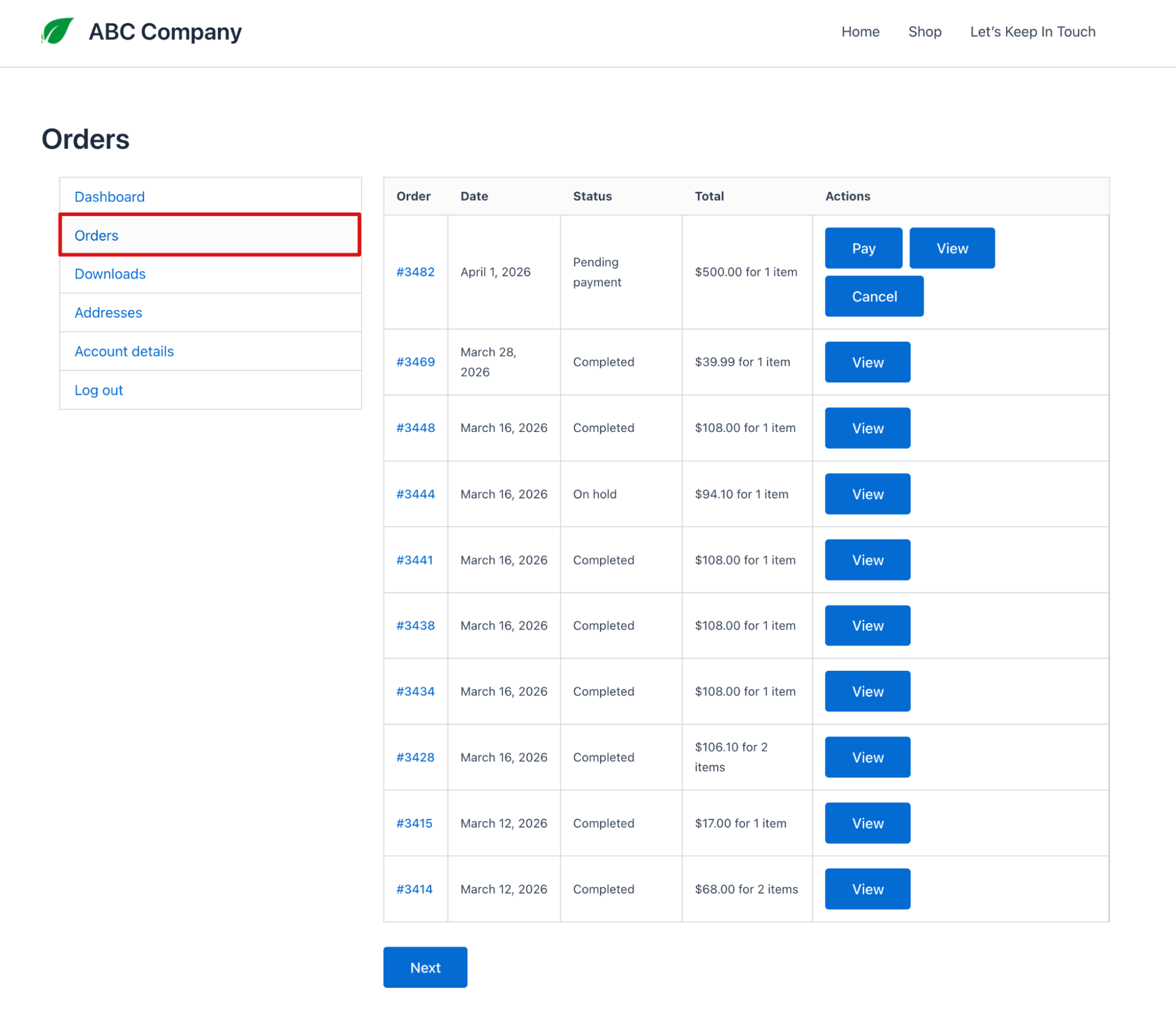 orders in WooCommerce my account page