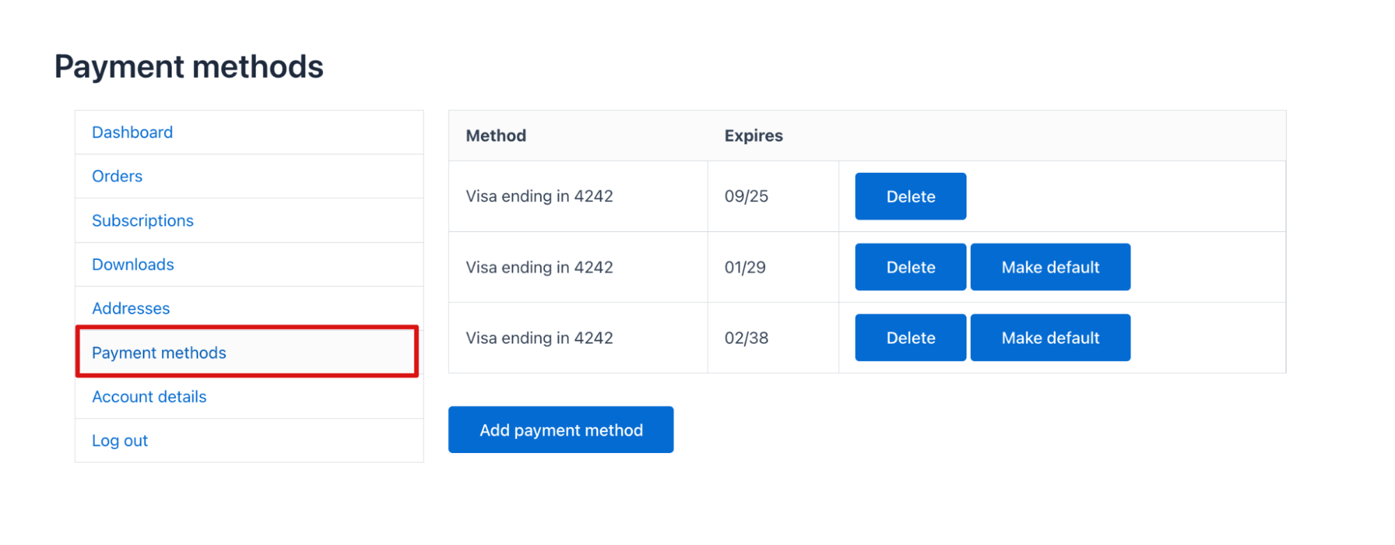 payment method section in WooCommerce my account page