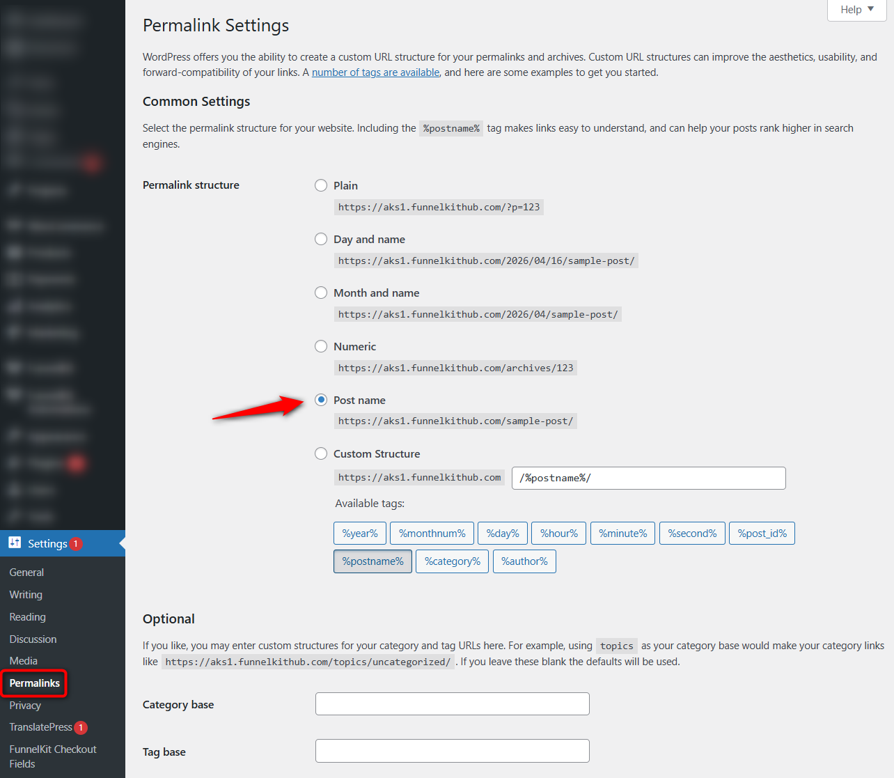 configure permalink settings in wordpress dashboard for woocommerce seo