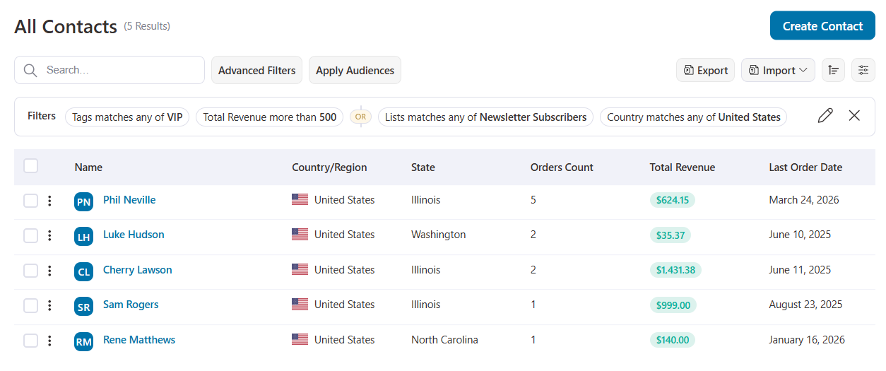 Applied filters and contacts appearing