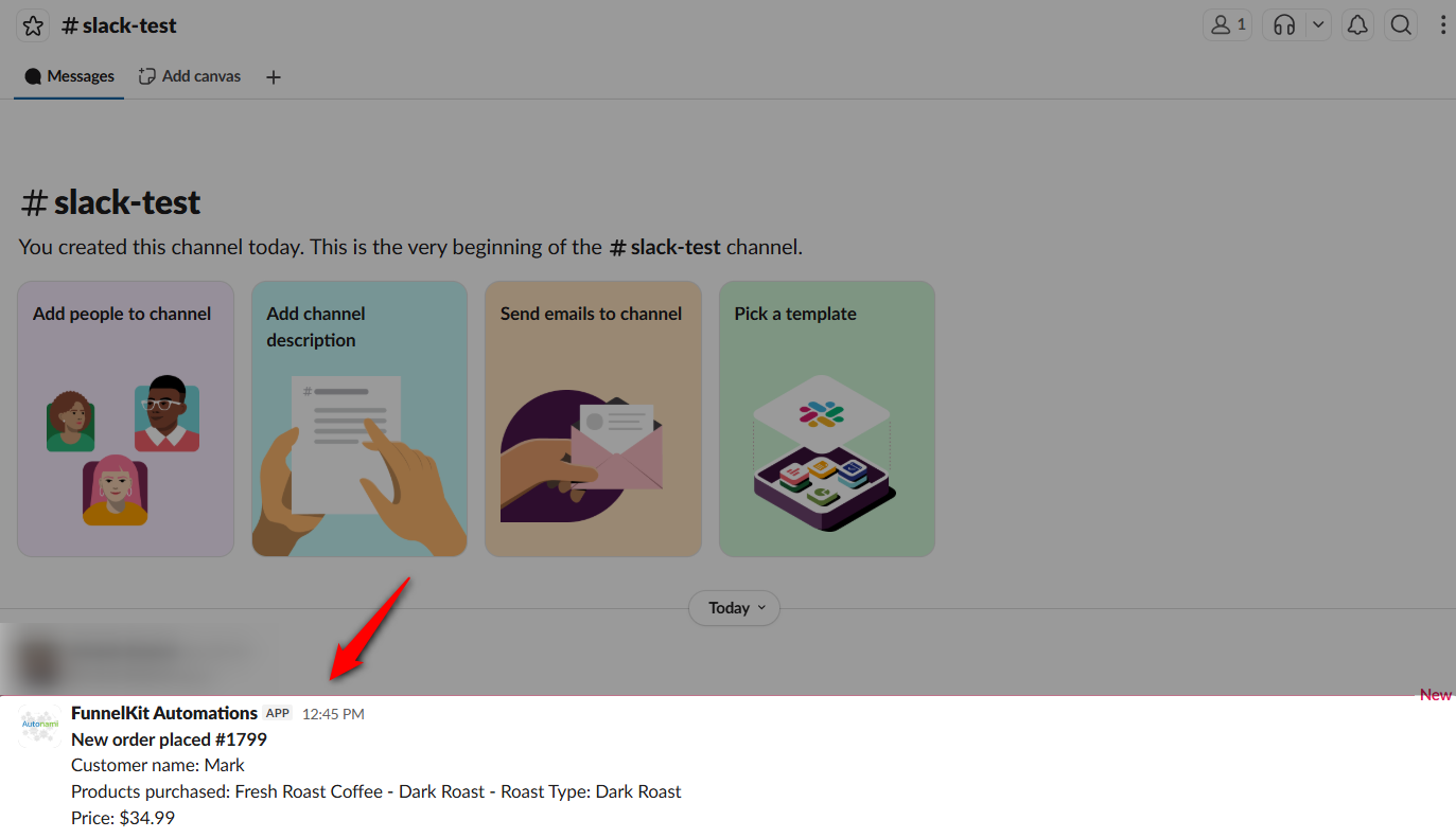 Preview of the automated message sent - this is how you can successfully set up woocommerce slack integration
