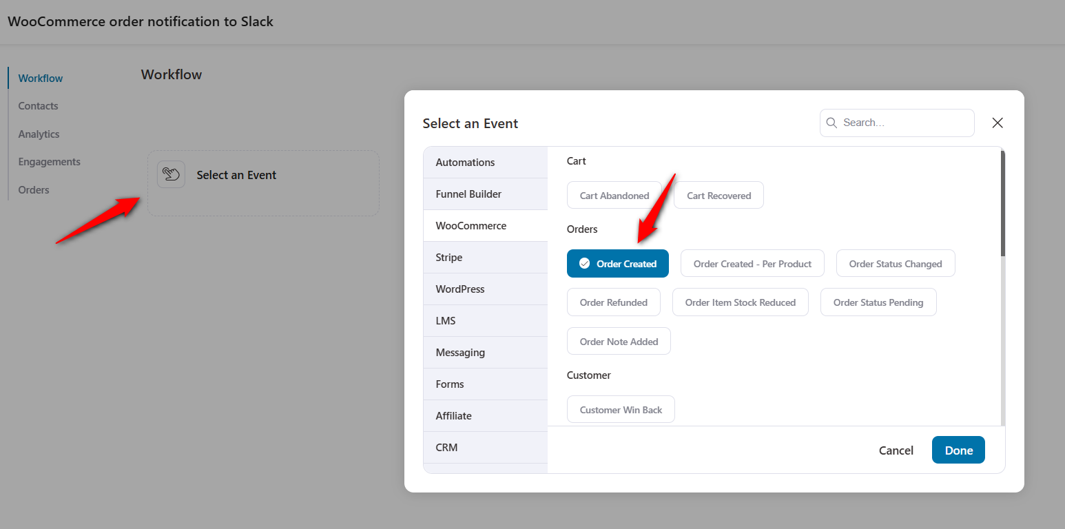 select an event and choose order created under woocommerce