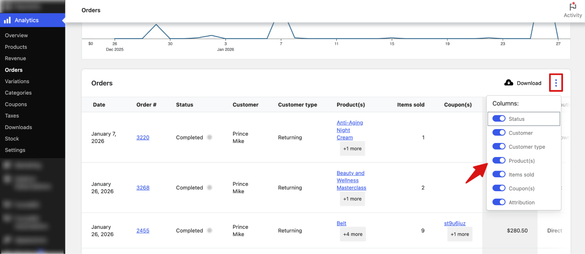 Choose which columns to include when exporting WooCommerce order data
