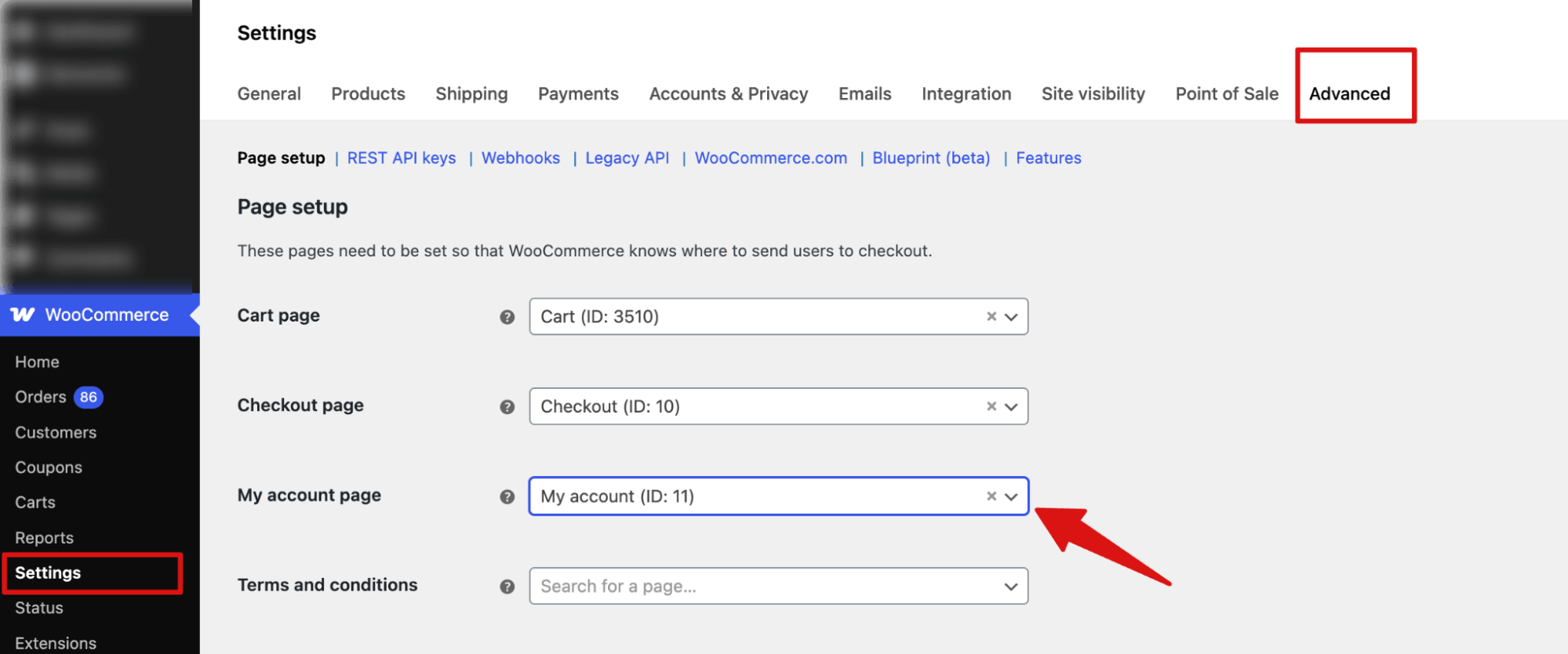set my account page id