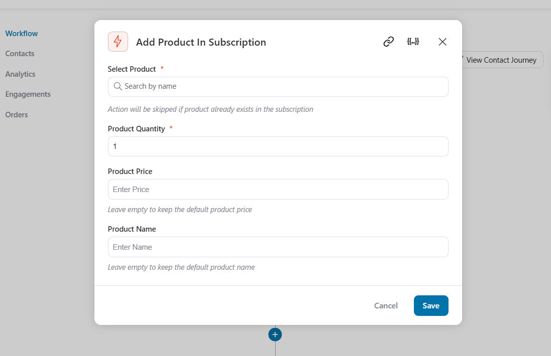 configure the add product action under sublium subscriptions