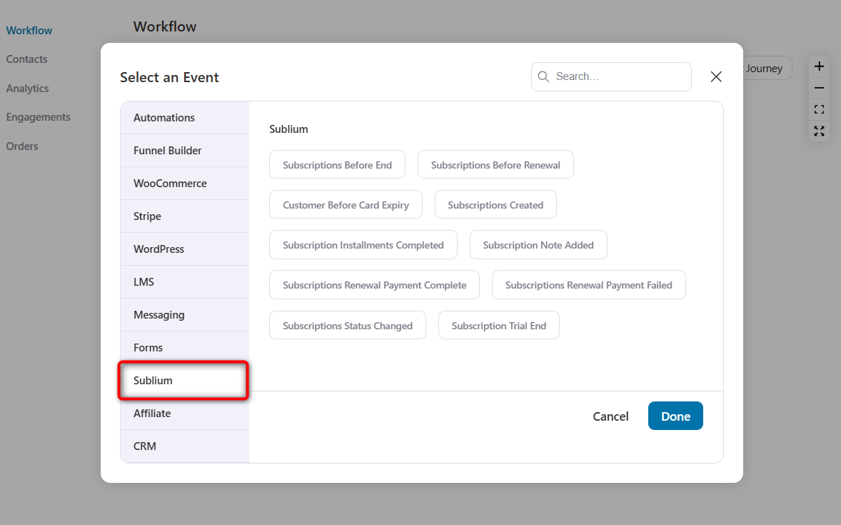 automation event triggers for sublium subscriptions plugin
