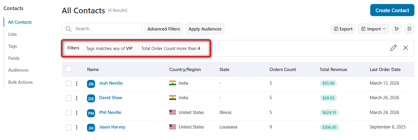 Contact filters are clearly displayed to see which filters are active - FunnelKit Automations 3.8.0