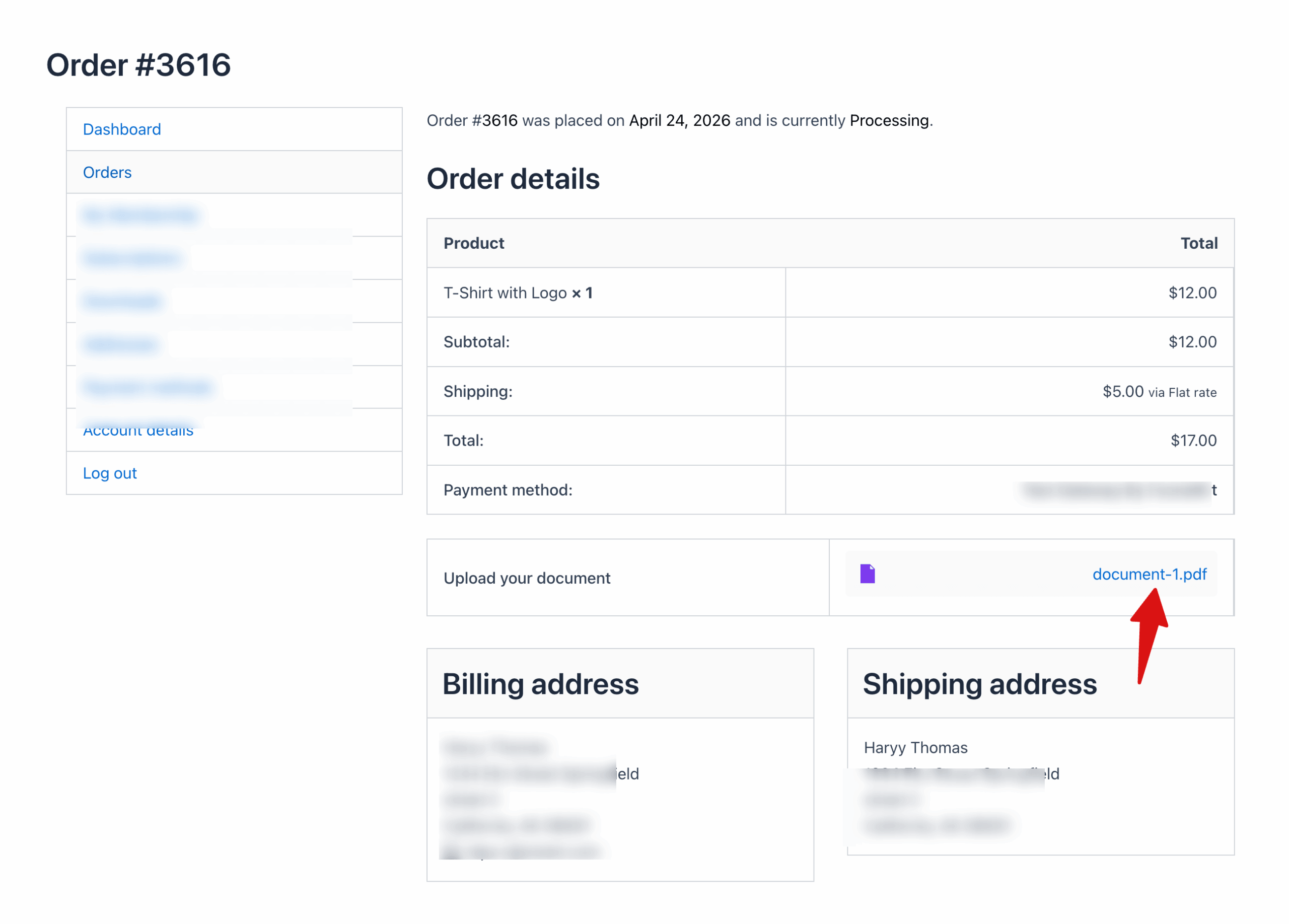 uploaded file in my account page