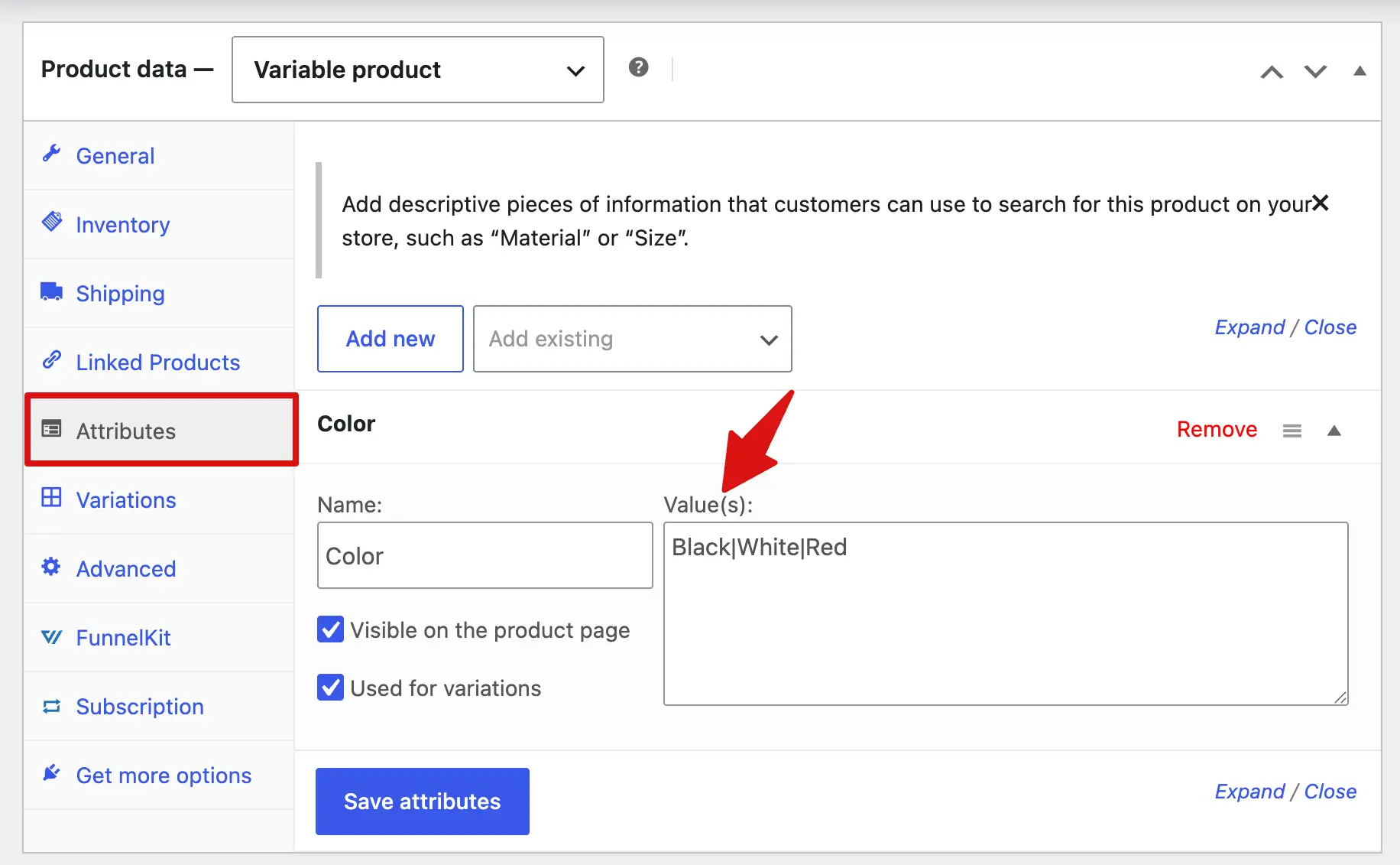Add the necessary attributes to create variations