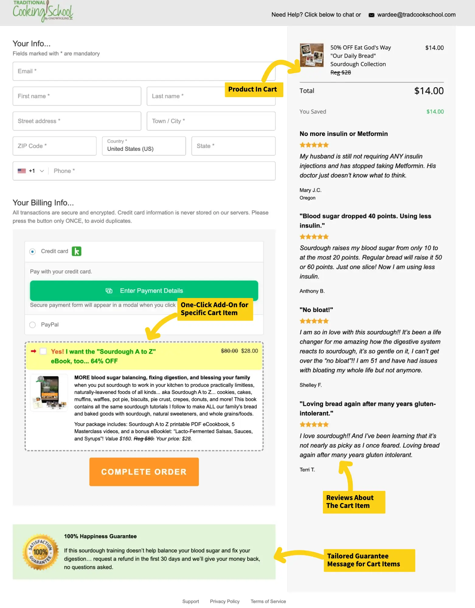 _All the testimonials_reviews on the checkout page are specifically about the product in the cart