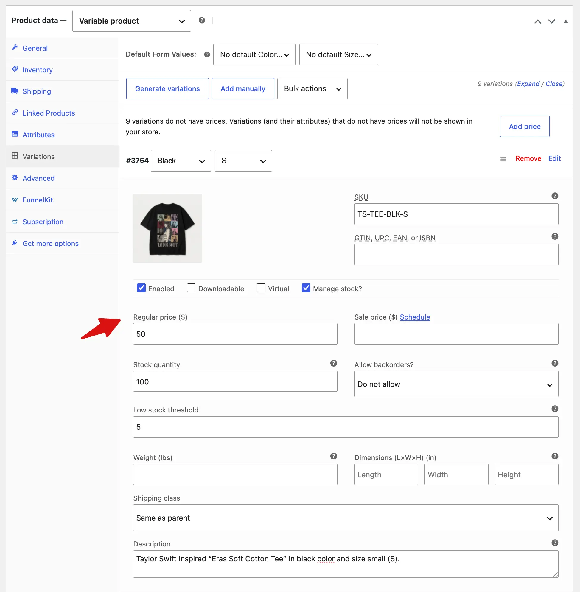 Configure each variation price, stock image