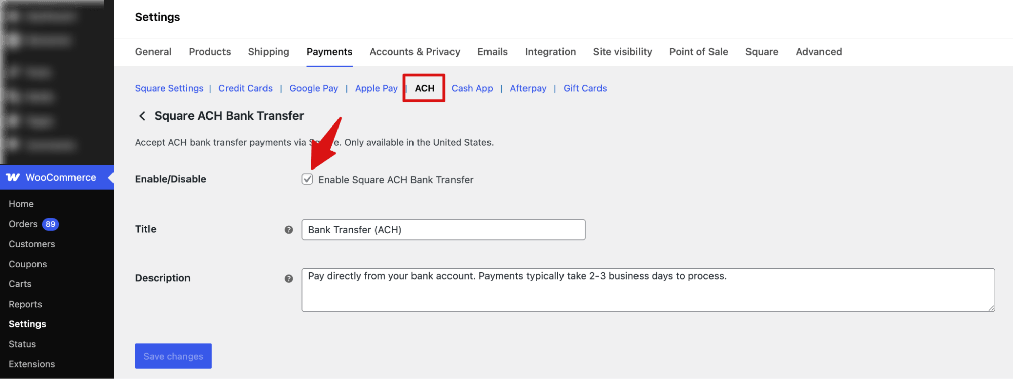 Enable Square ACH bank transfer in WooCommerce
