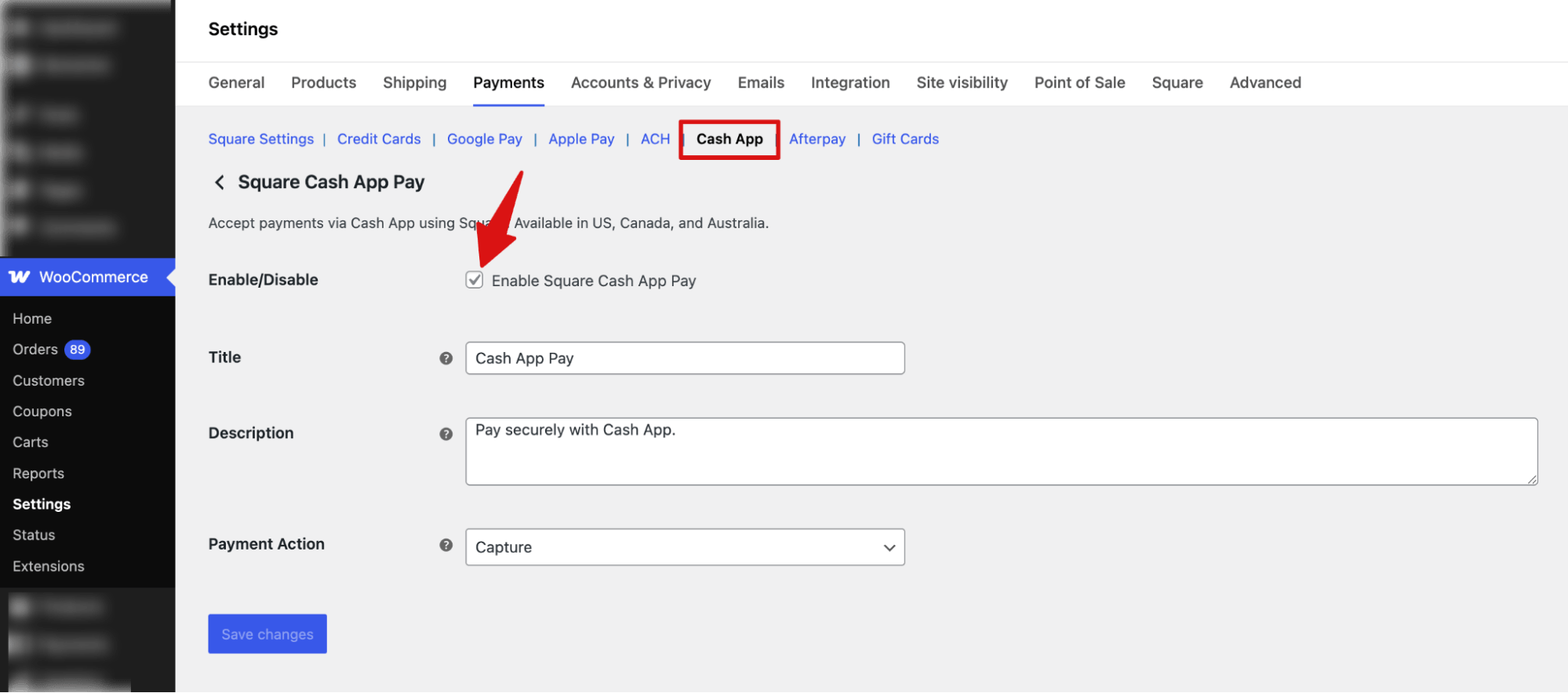 Enable and configure Cash App in Square WooCommerce