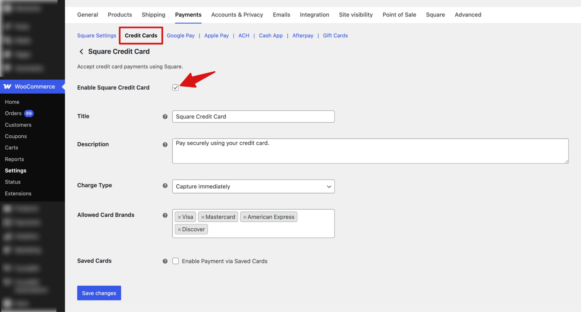 Enable square credit card in WooCommerce