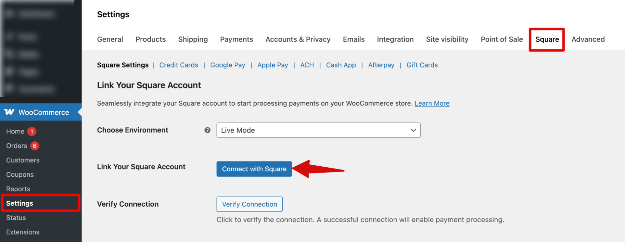 Hit connect with Square to connect Square with WooCommerce
