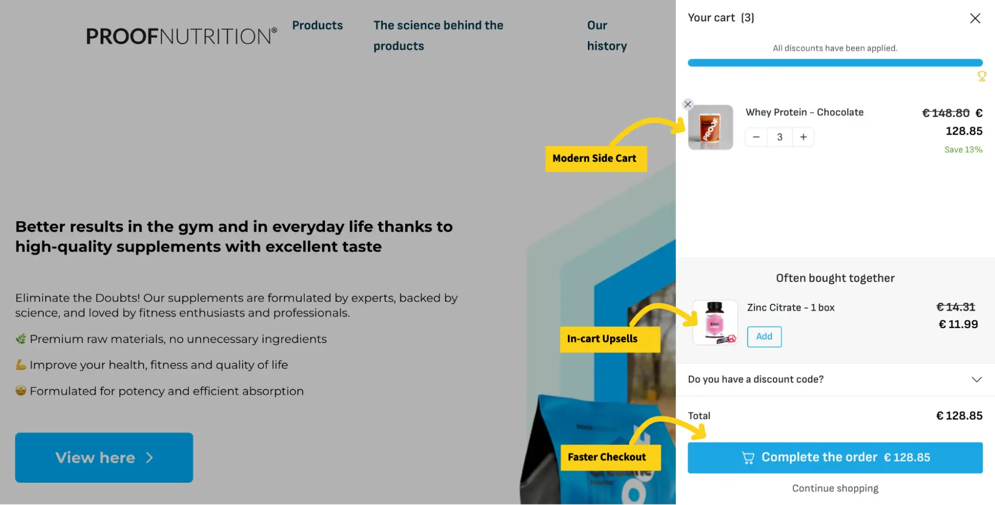 Proof Nutrition used FunnelKit Funnel Builder to connect a functional side cart, upsell, and checkout experience into a single, streamlined flow.