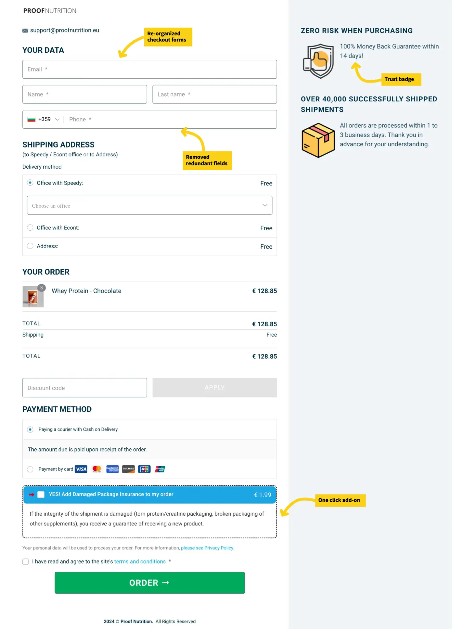 Proof nutrition used conversion optimized checkout and One-click order bump on checkout to boost aov