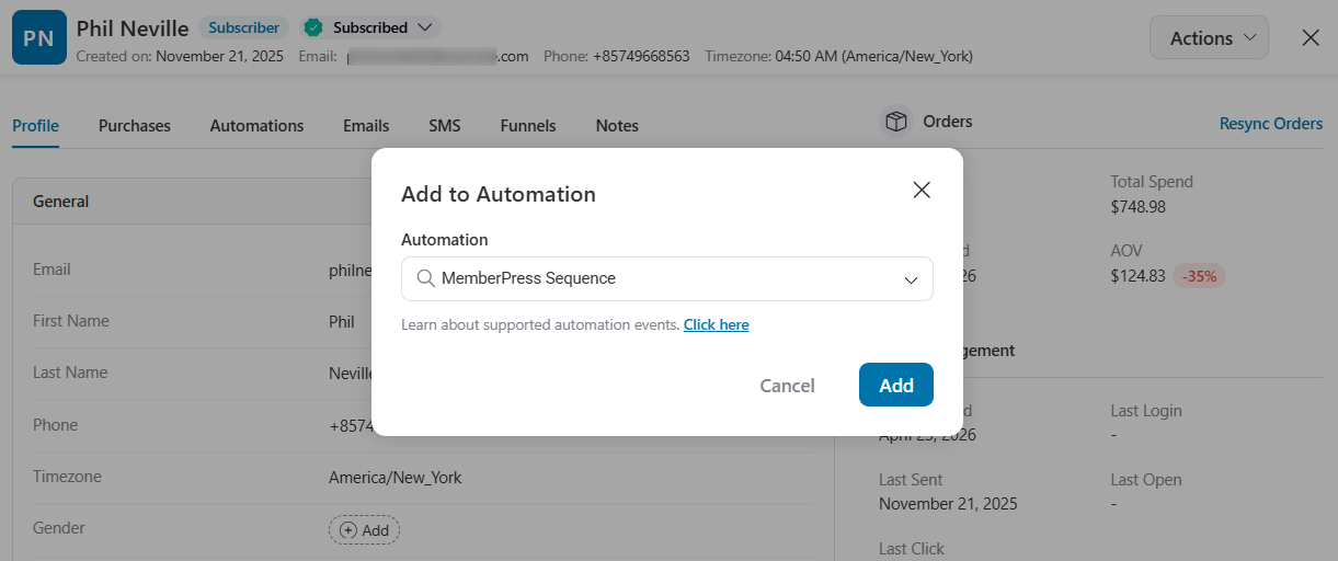 Add to automation and enroll them into the memberpress sequence