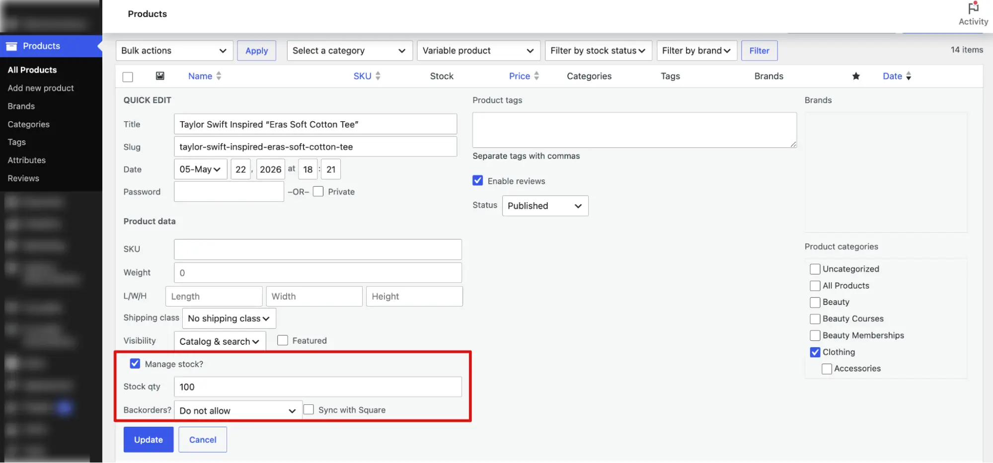 bulk management woocommerce variable product