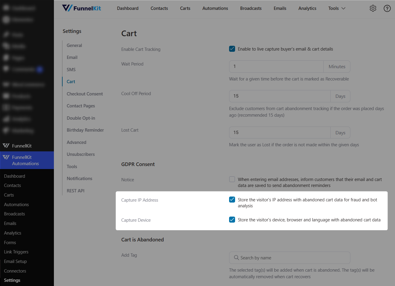 funnelkit automations 3.8.1 - enable capture ip address and device under cart abandonment settings