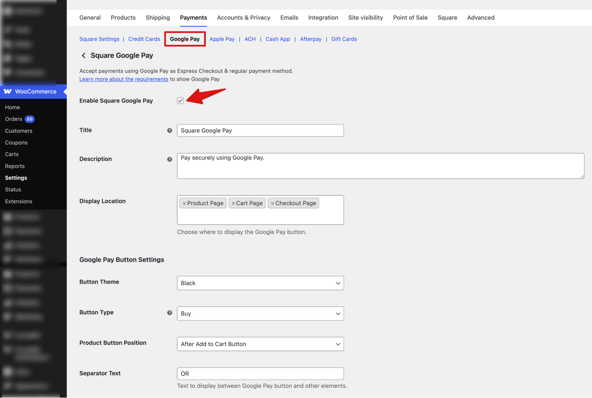 enable and configure Square Google Pay