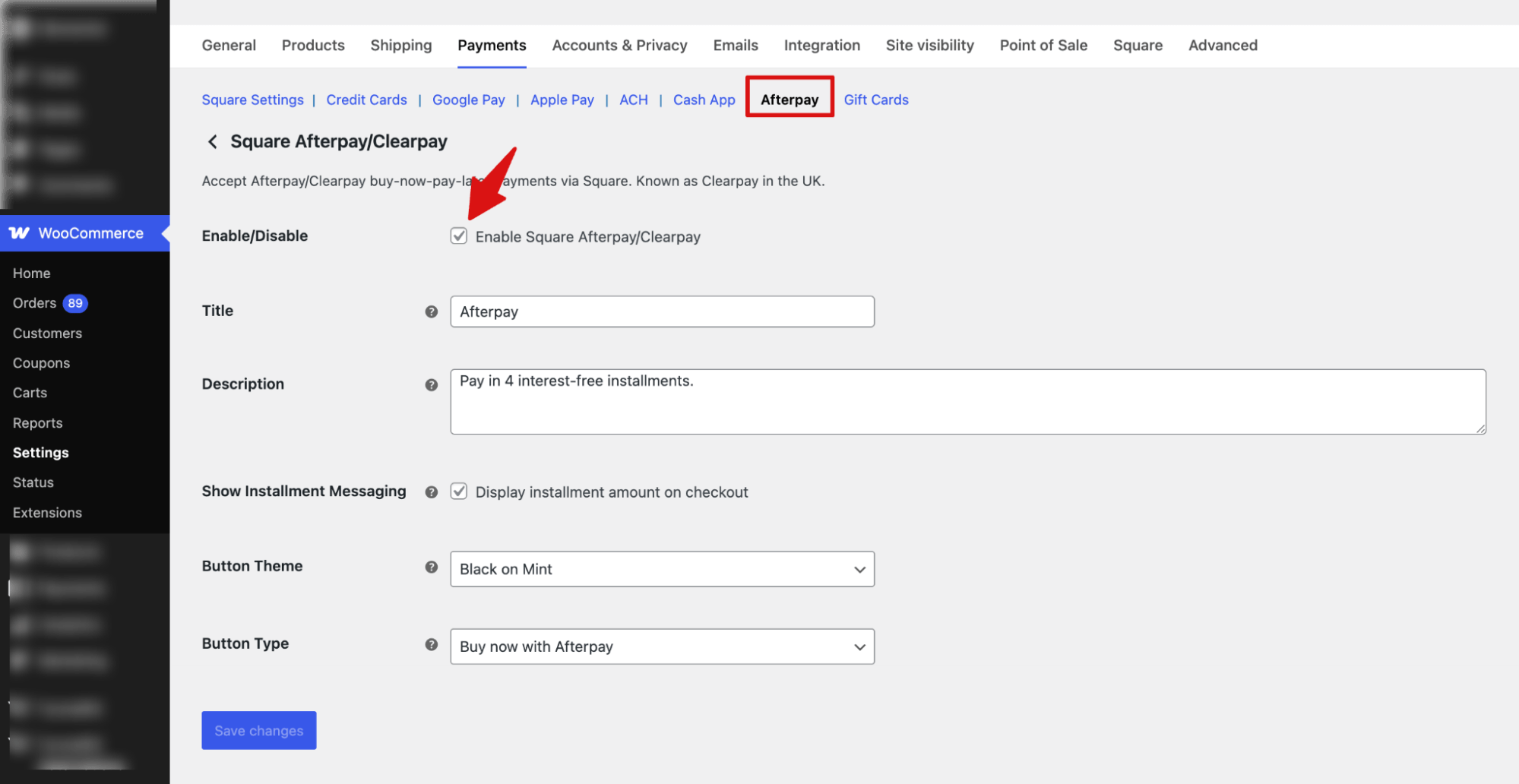 enable and configure afterpay