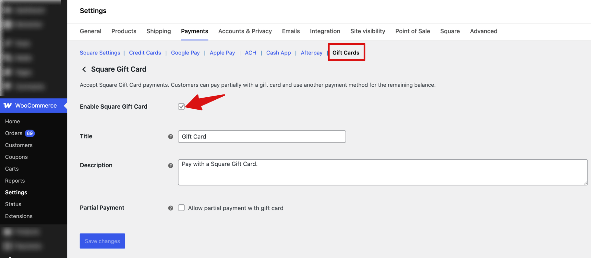 enable and configure gift cards payments in WooCommerce using Square