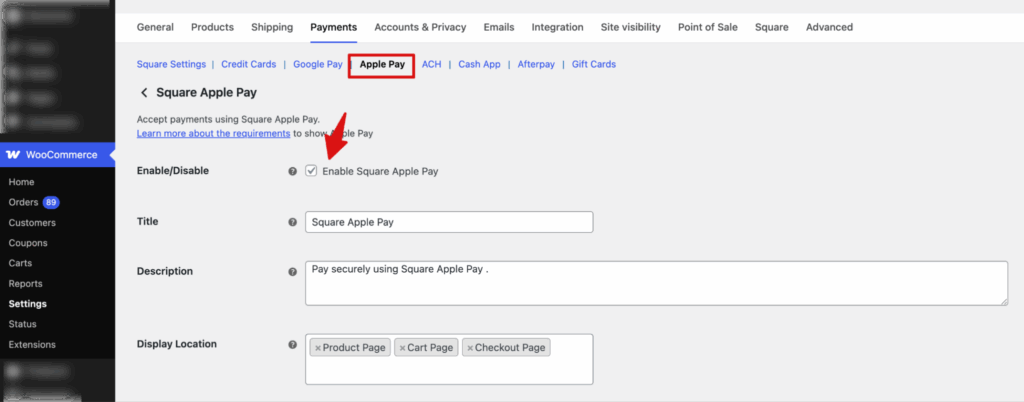 enable and configure square apple pay