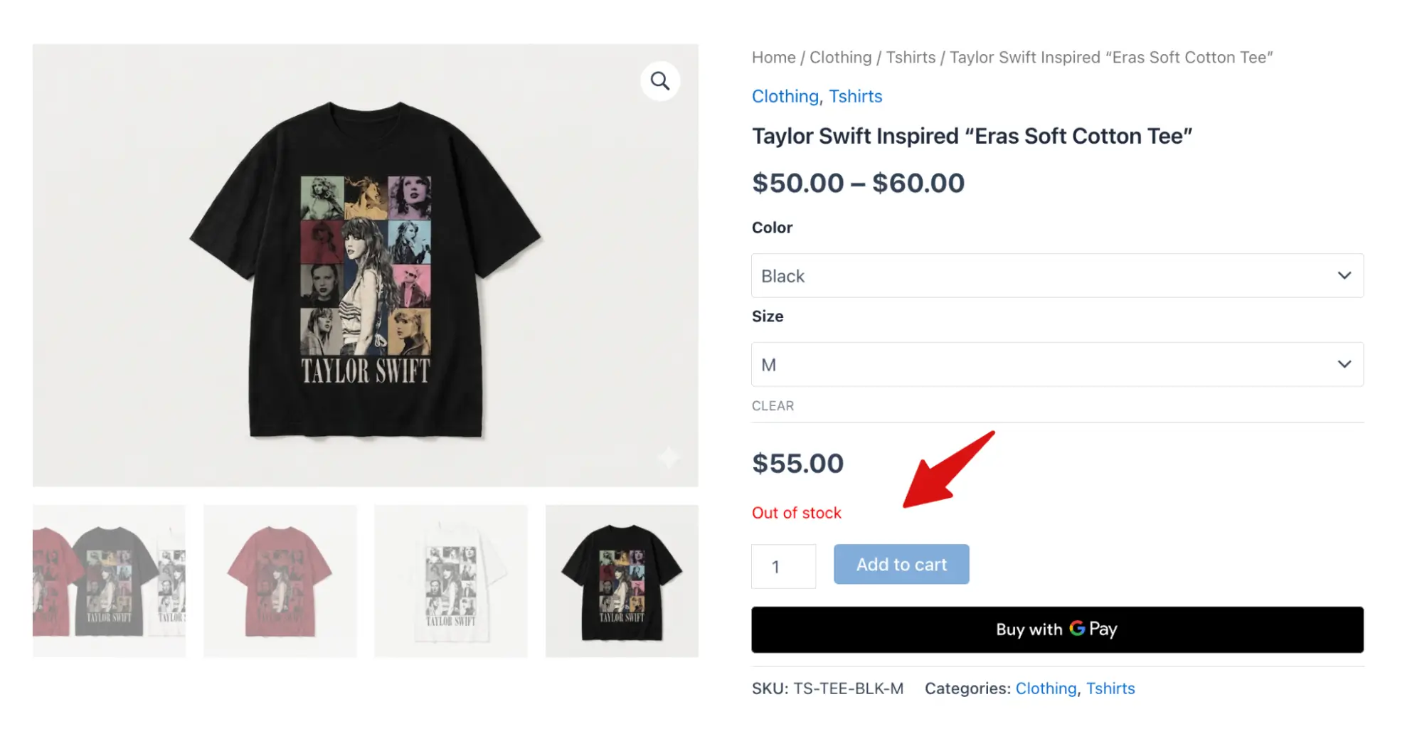 greys out the Add to car button and shows the product is out of stock