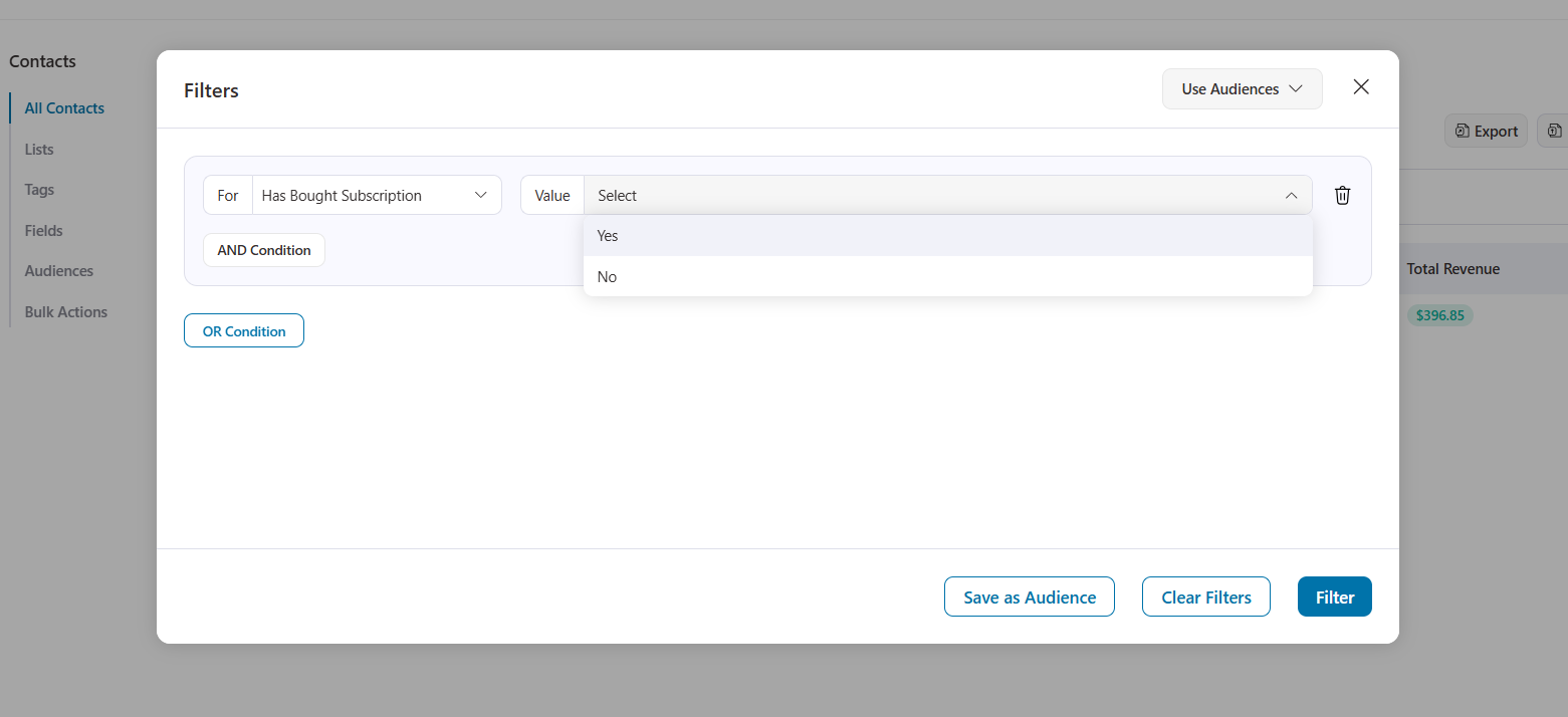 "has bought subscription" contact filter for woocommerce subscriptions - funnelkit automations 3.8.1