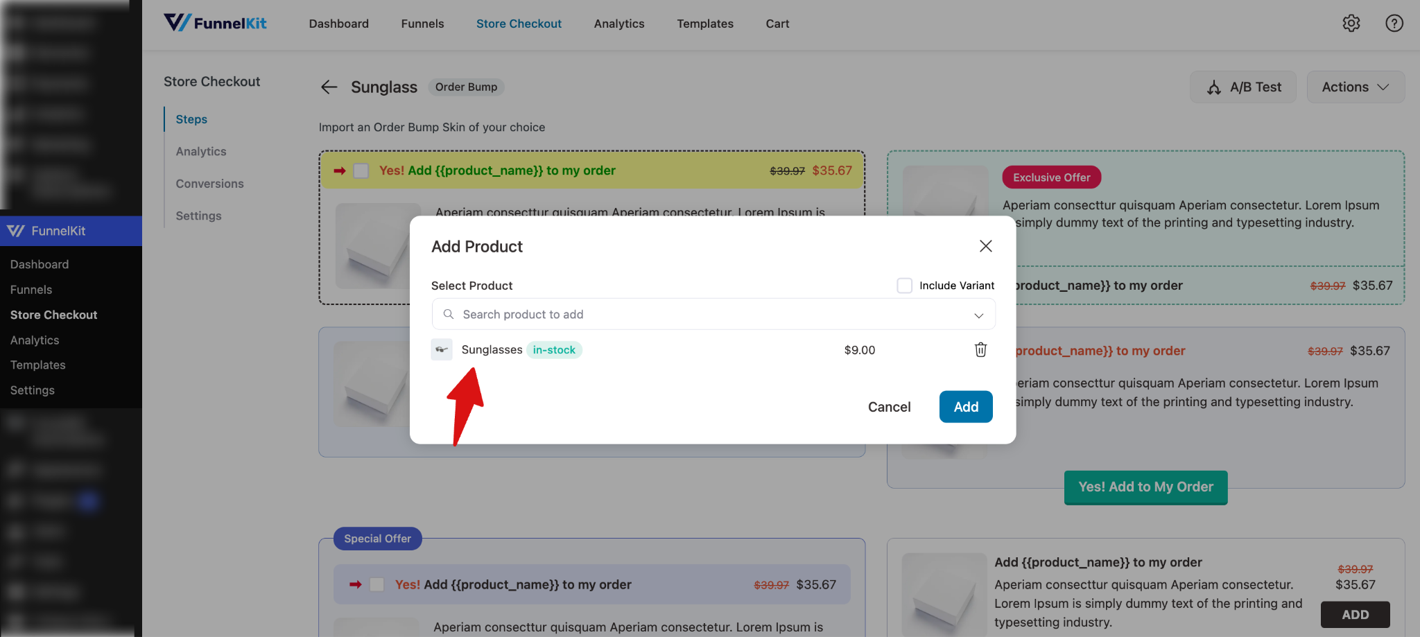 Select an order bump skin and add a product in FunnelKit