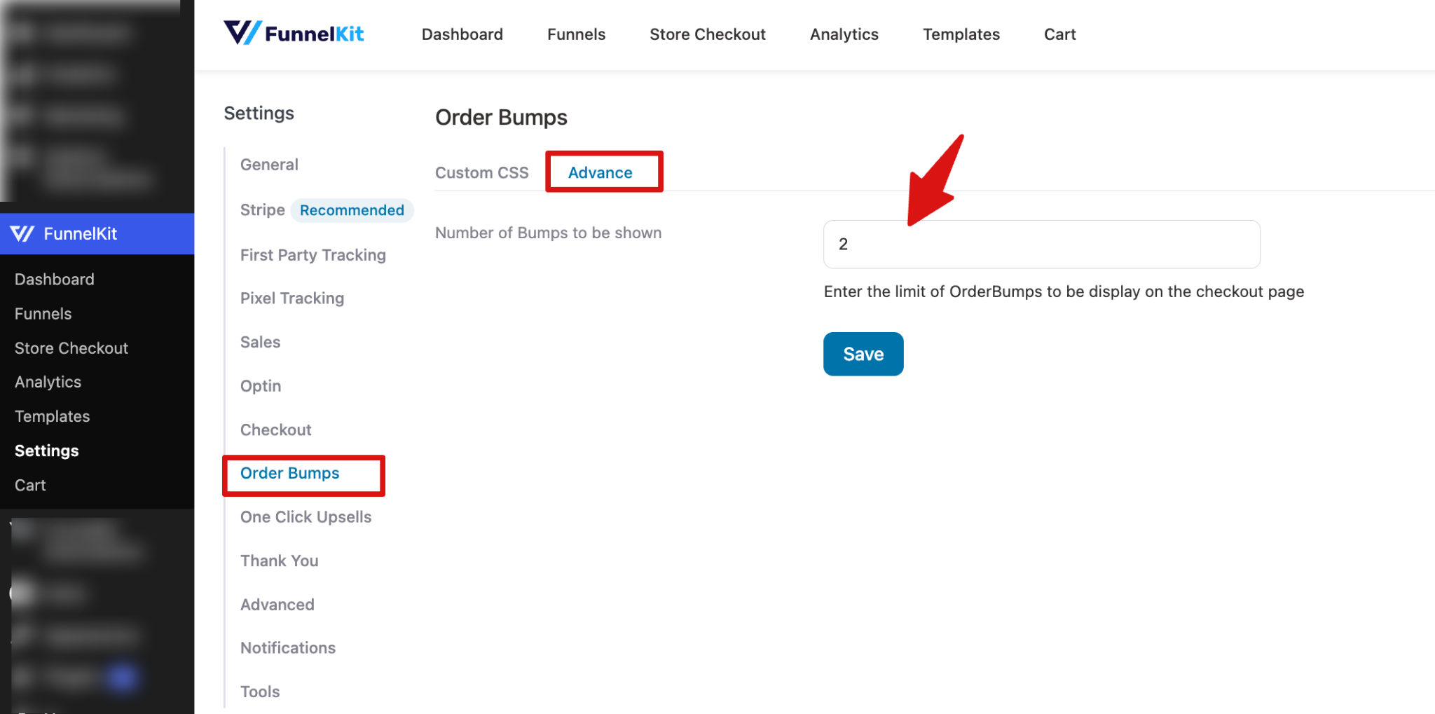 FunnelKit Order Bump Advanced settings screen showing the field to set the number of bumps to be displayed at checkout