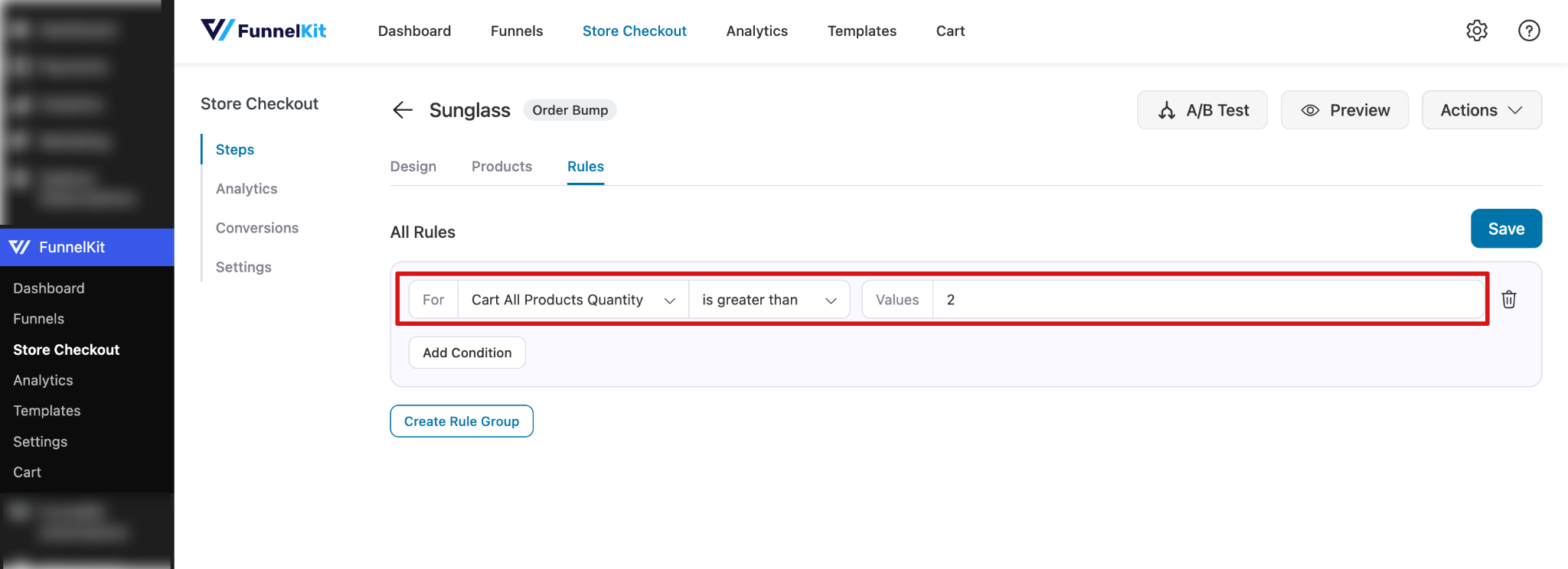 Set cart quantity rules for the free product order bump