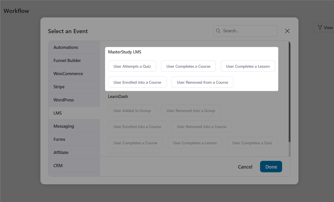 masterstudy lms event inside funnelkit automations